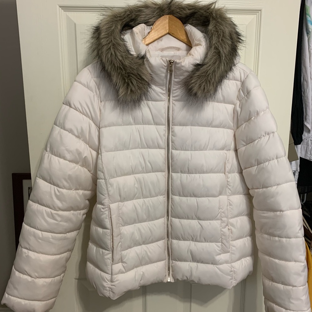 LOFT, puffer jacket with faux fur removable hood.